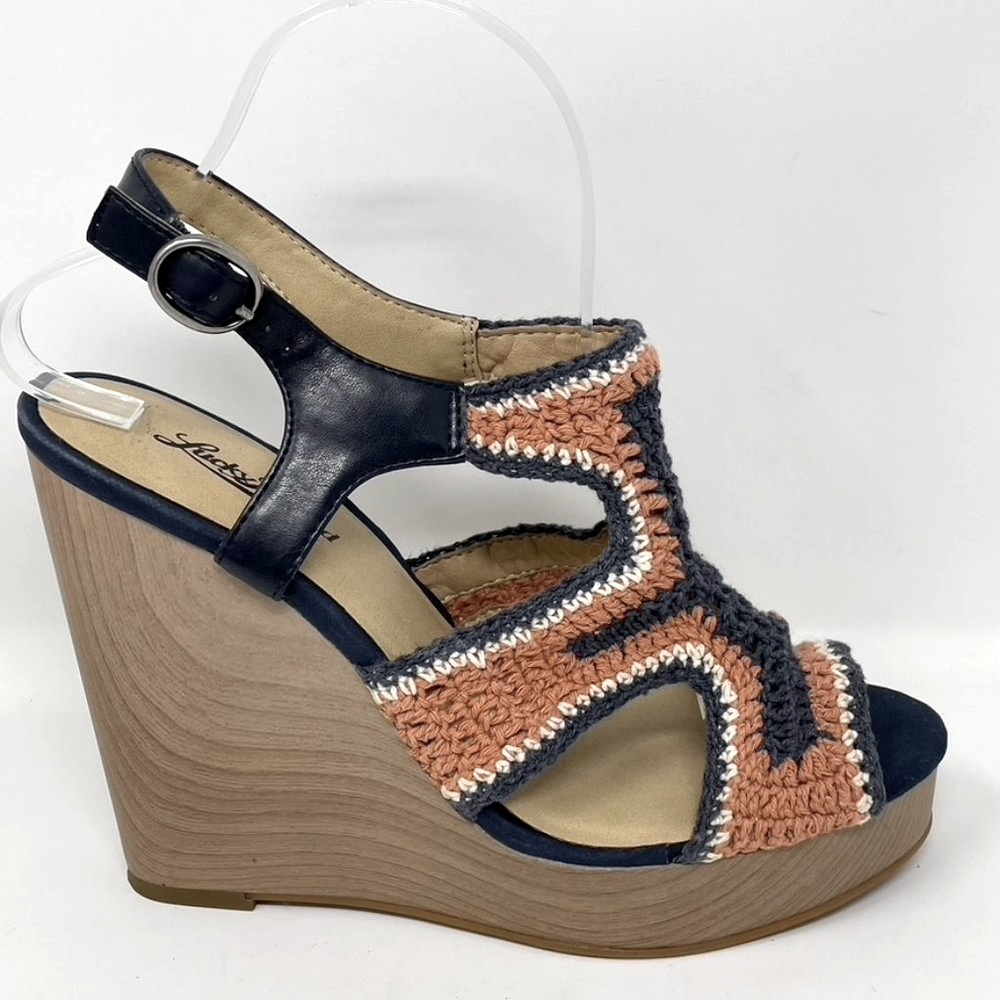 Lucky Brand Womens Macrame Blue Coral Buckle Wedge Platform Sandal Size 9